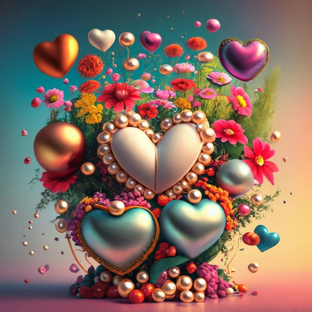 beautiful flowers, pearls, surreal magnificent, lots of shiny splash on top many heart globes, falling pearls .