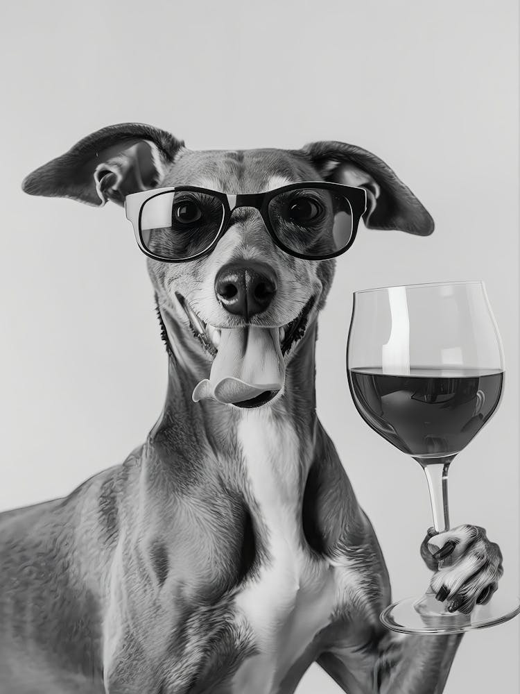 Greyhound Drinking Wine Wall Art, Black And White Print, Greyhound Bar Cart Print, Dog Gift, Funny Dog Poster, Bar Decor, Kitchen Decor