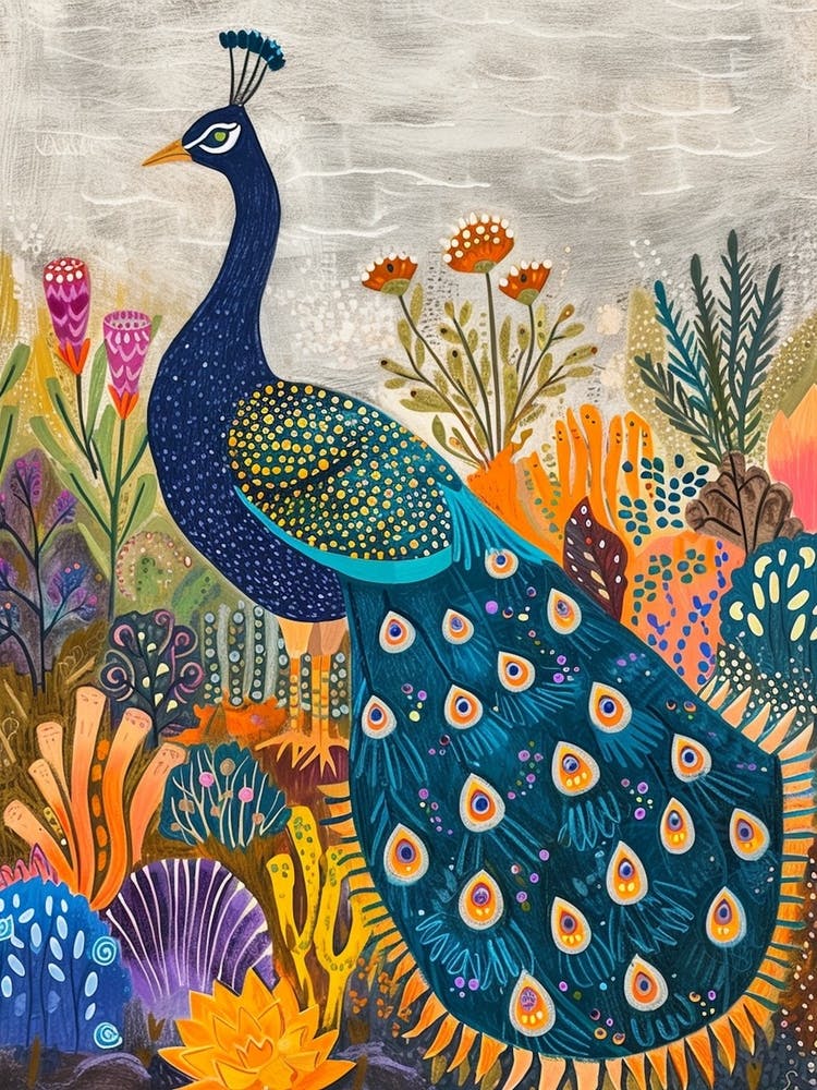 Folky Floral Peacock With The Big Leaves 1