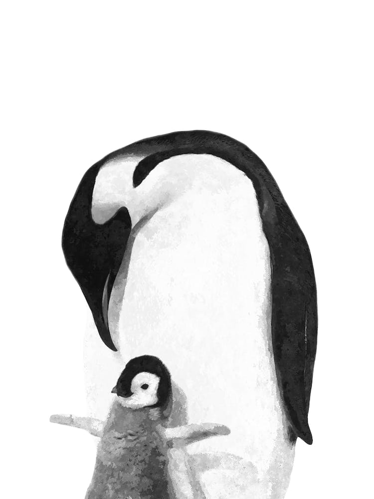 Black and White Penguins Watercolor