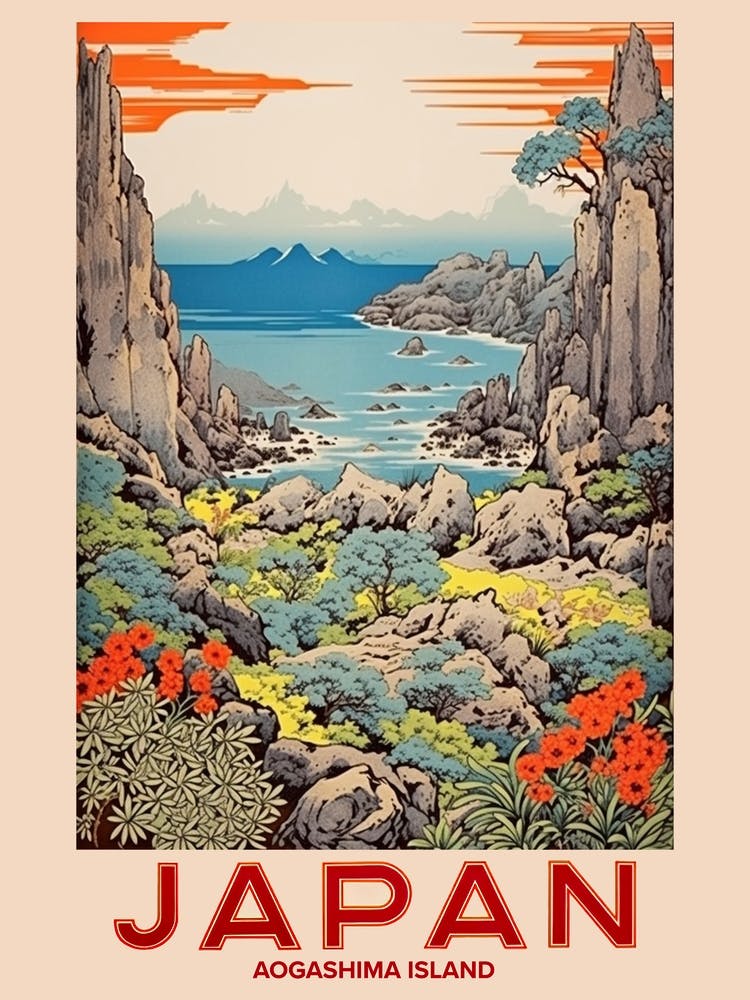 Aogashima Island, Visit Japan Vintage Travel Art 1