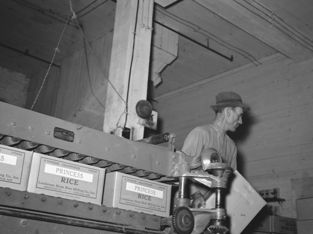Removing Finished Cartons Of Packaged Rice From Conveyer Presser,State Rice Mill, Abbeville, Louisiana By Russell Lee