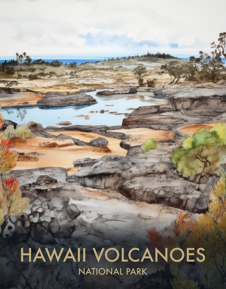 Hawaii Volcanoes National Park Watercolour Vintage Travel Poster 4
