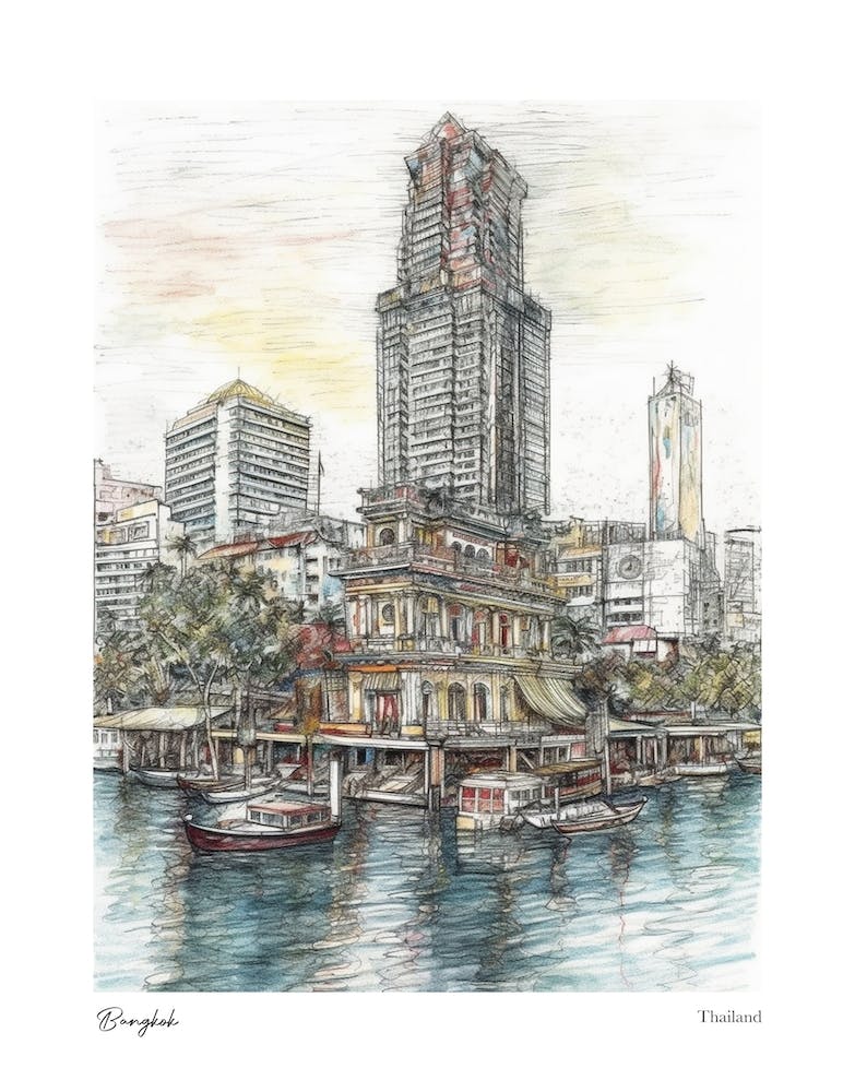 Bangkok Thailand Drawing Pencil Style 4 Travel Poster