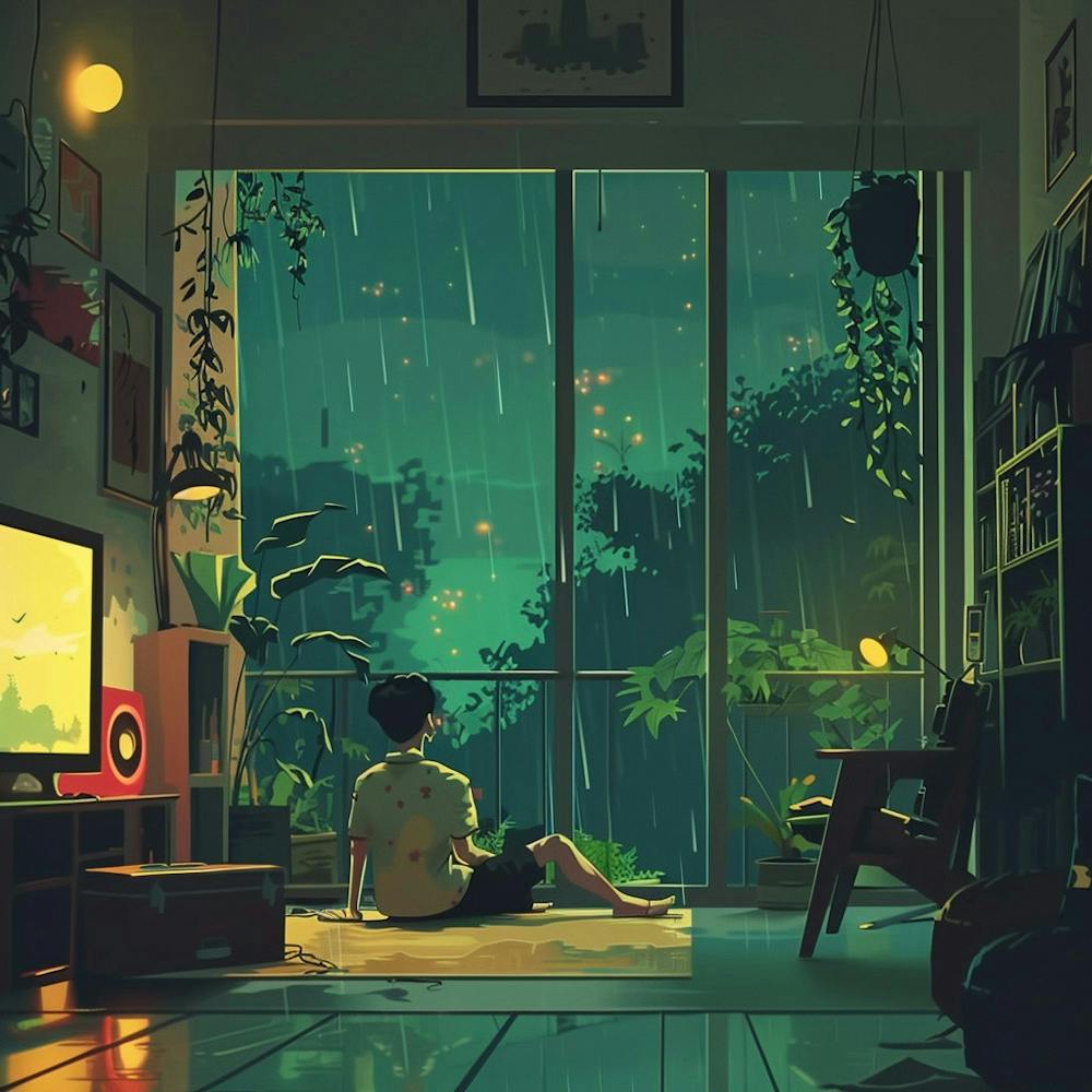 Rainy Day Lofi Illustration Rain at the Window