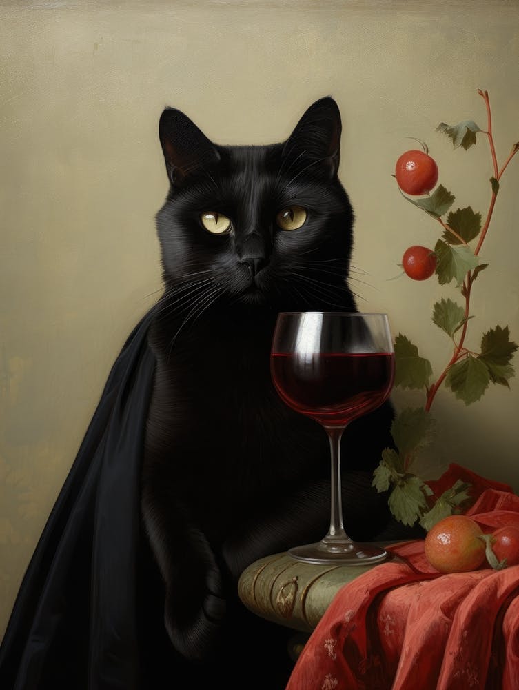 A Black Cat With A Wine Glass In Front Of Him Painting