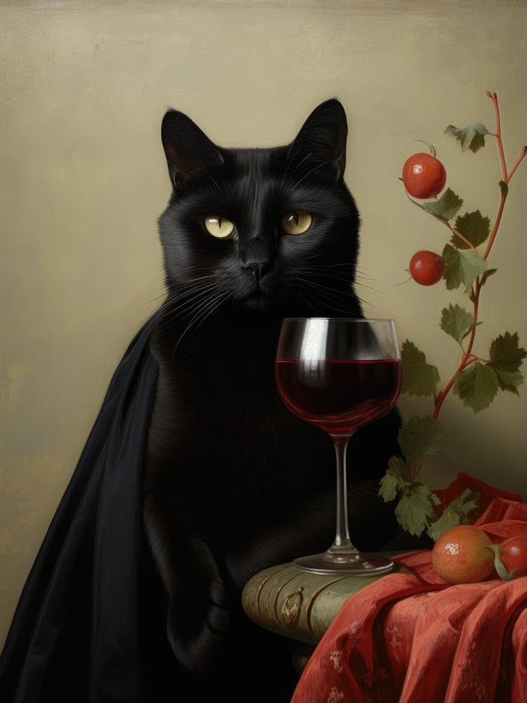 A Black Cat With A Wine Glass In Front Of Him Painting