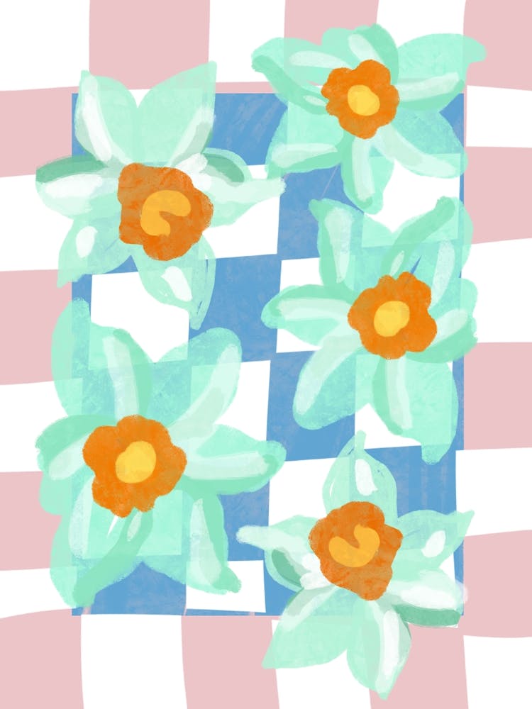 Daffodils Blue Pink Check