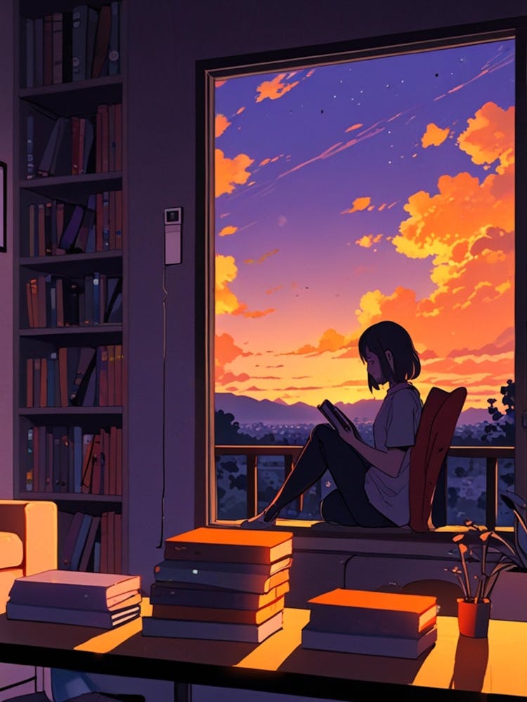 Fille Anime Lisant Au Coucher du Soleil 2