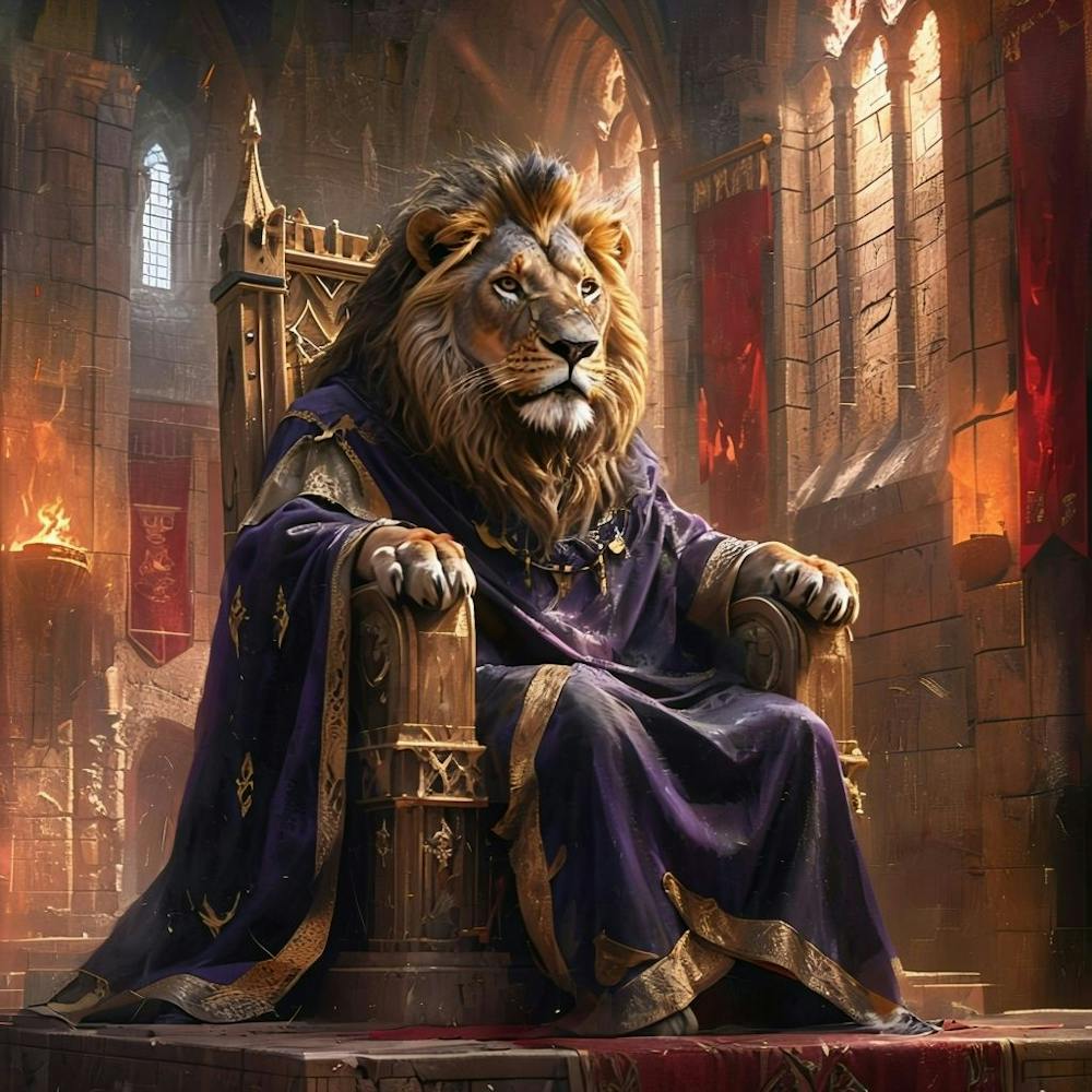 Regal Lion In Purple Cloak Seated On Throne