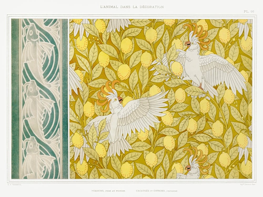 Fish Stencil Frieze Cockatoos And Lemons Cretonne From The Animal In The Decoration (1897), Maurice Pillard Verneuil