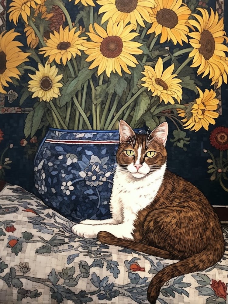 Cat With Sunflowers 1