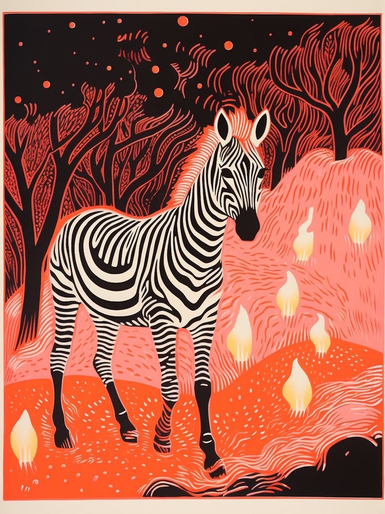 Zebra In The Wild Linocut Inspired 4