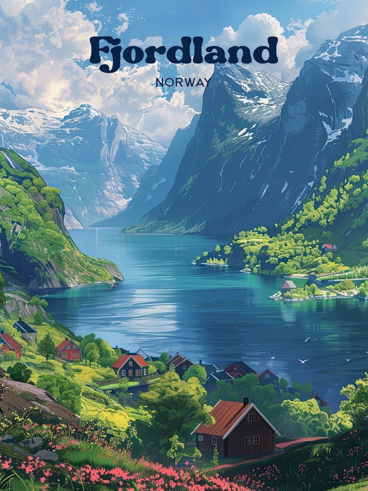 Fjordland Norway Geirangerfjord Travel Art Illustration