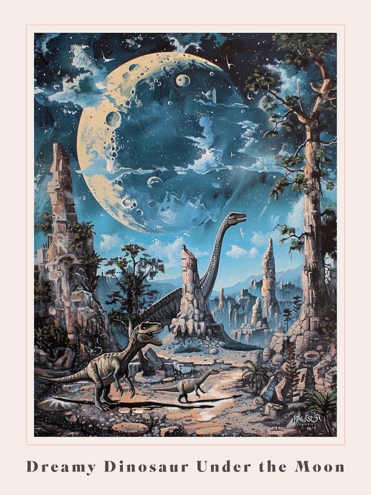 Dinosaur Under The Moon Painting 2 Poster