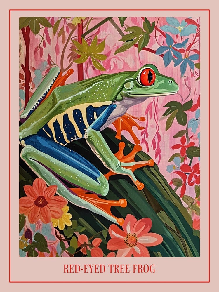 Floral Animal Painting Red Eyed Tree Frog 1 Poster