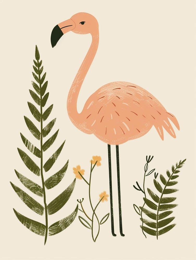 Andean Flamingo And Ferns Minimalist Illustration 4