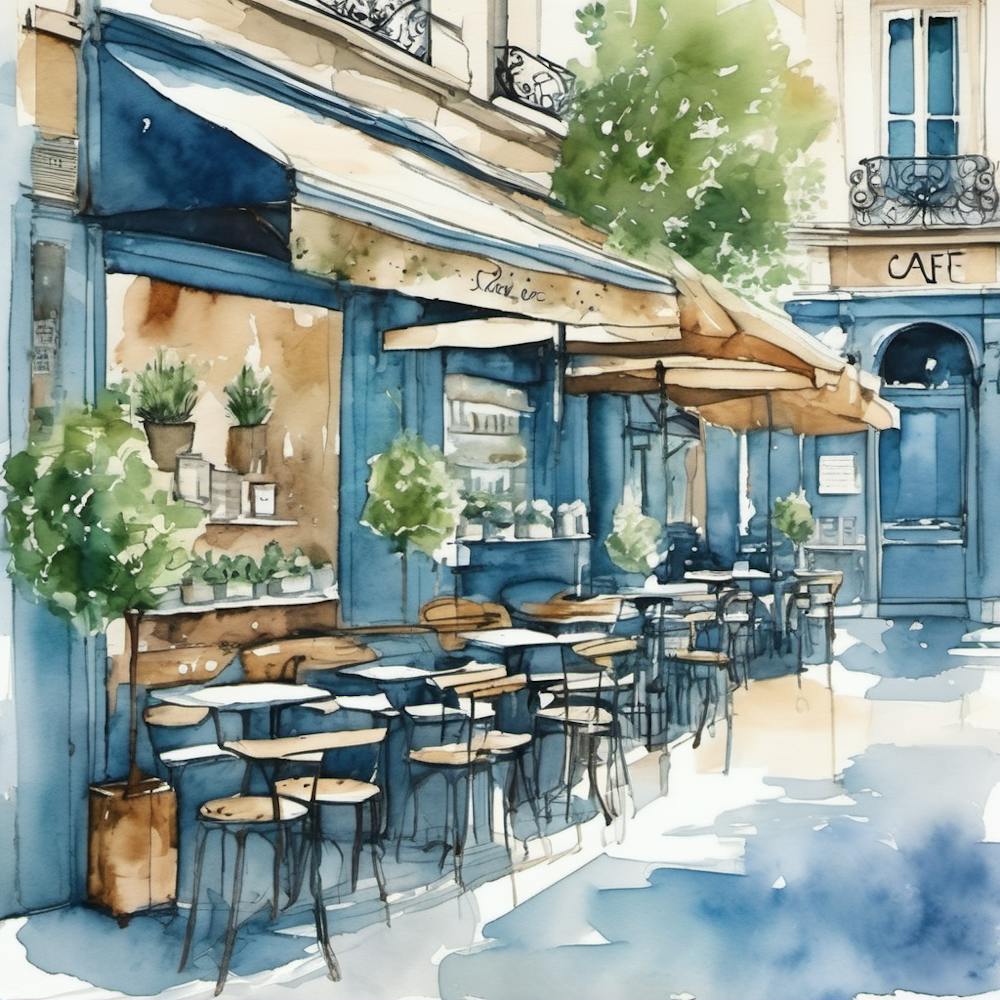 Paris Street Cafe Scene Illustration Sage Blue Watercolour 3
