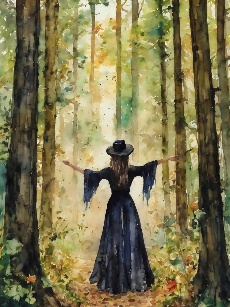 Forest Bathing ~ witchy yoga spiritual woods witch healing of the spirit, nature spirits, singing praying, watercolor painting artwork pagan