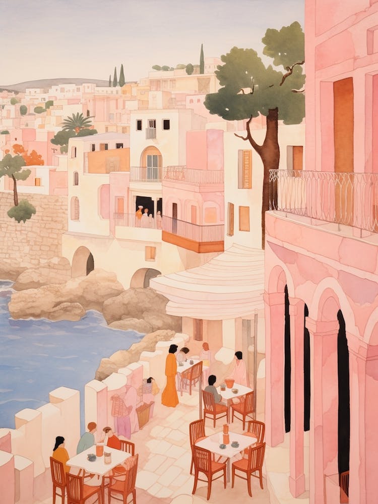Mykonos Greece 3 Vintage Pink Travel Illustration