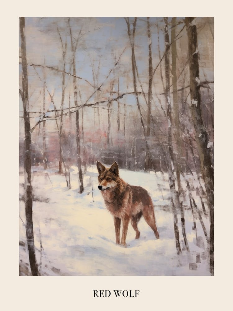 Vintage Winter Animal Painting Poster Red Wolf 2