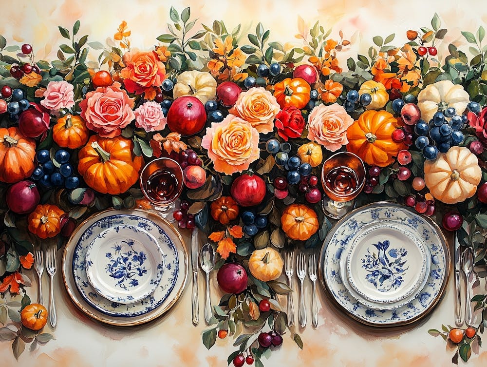 Thanksgiving Festtagstafel Malerei Mit Kürbise und Blumen Kunst
