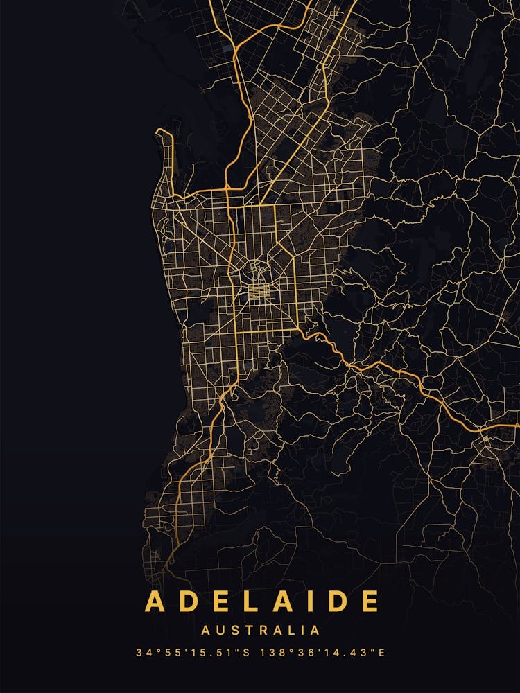 Adelaide Australia Black And Gold Map