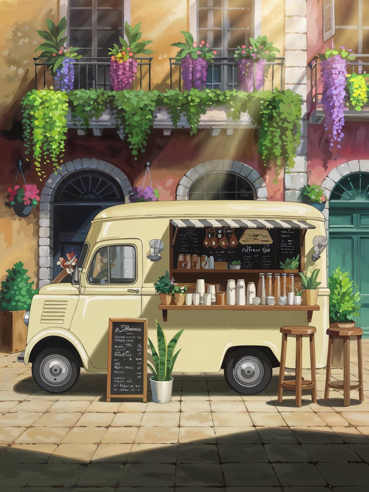 Anime Canvas Art: Sunlit Coffee Truck with Vibrant Colors, European Buildings, and Lush Greenery, Perfect for Lofi Aesthetic and Market Scene Art Fans.