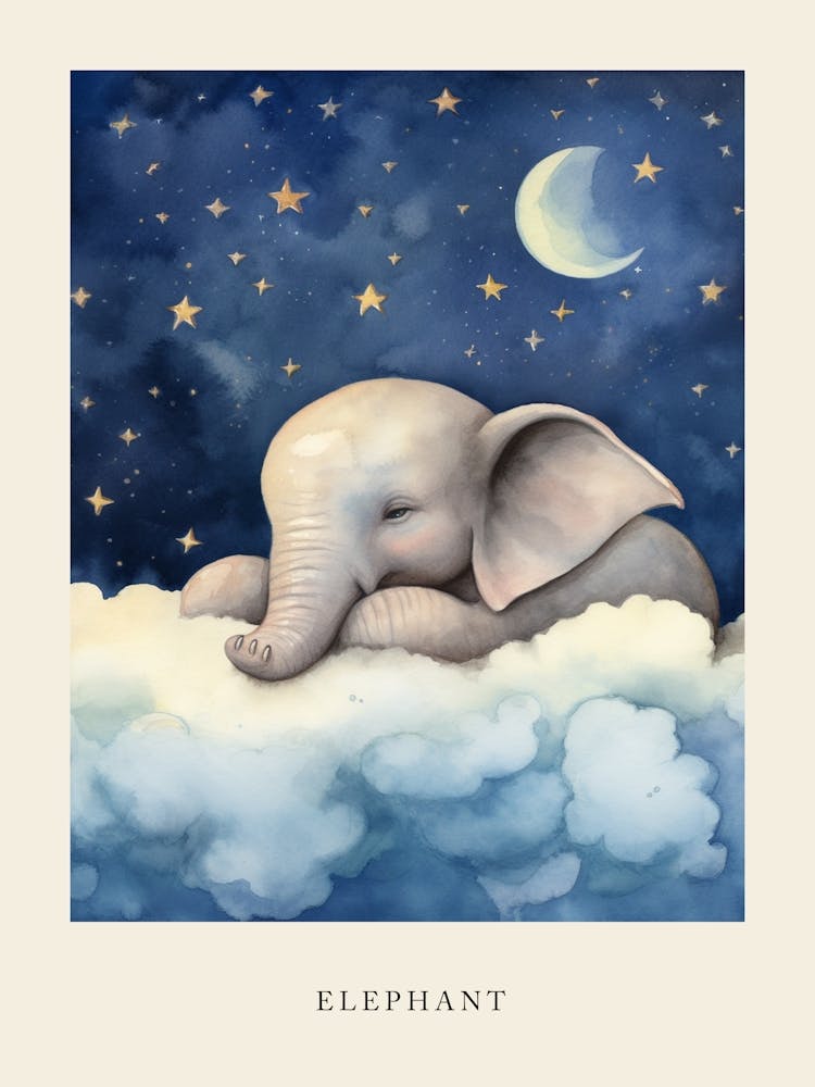 Baby Elephant 4 Sleeping In The Clouds Nursery Poster