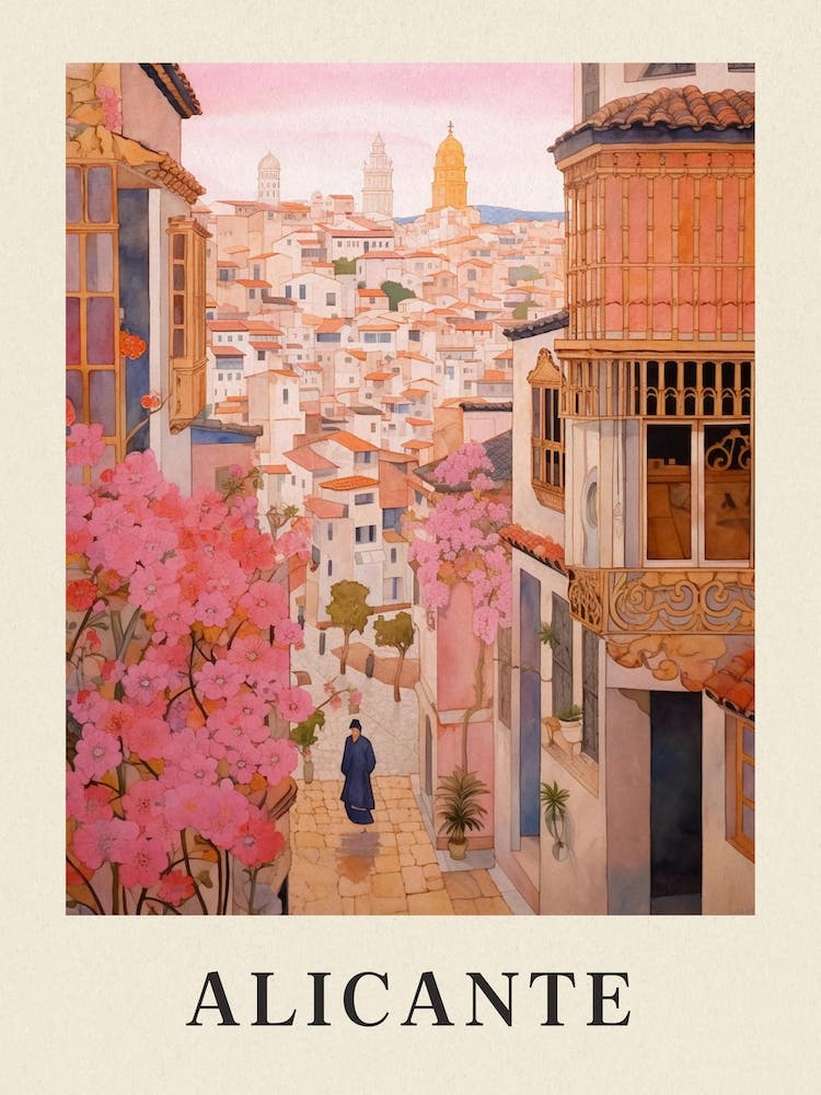 Alicante Spain 4 Vintage Pink Travel Illustration Poster