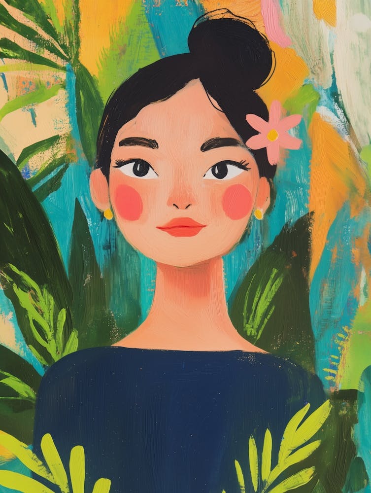 Woman in Jungle Portrait Gouache Painting