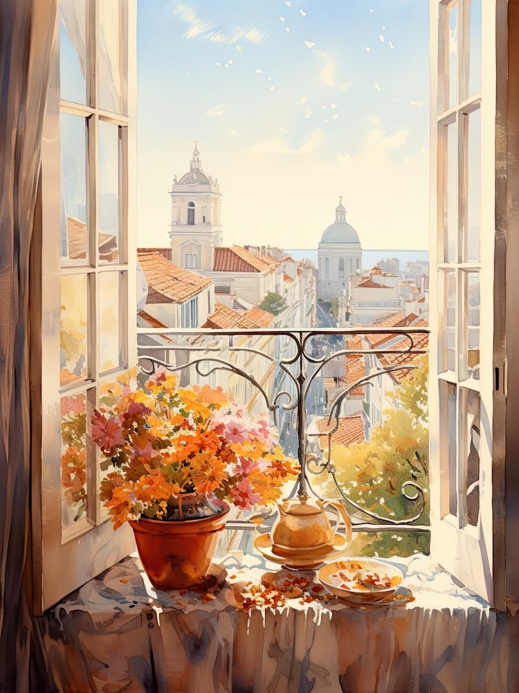 Window View Of Lisbon Portugal In Autumn Fall, Watercolour 1