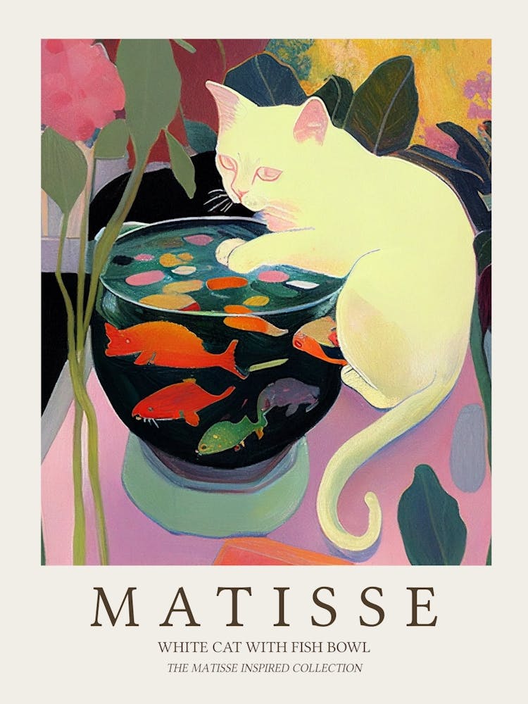 White Cat And Fishbowl Matisse Inspired