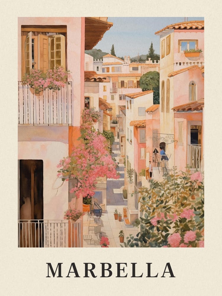 Marbella Spain 1 Vintage Pink Travel Illustration Poster