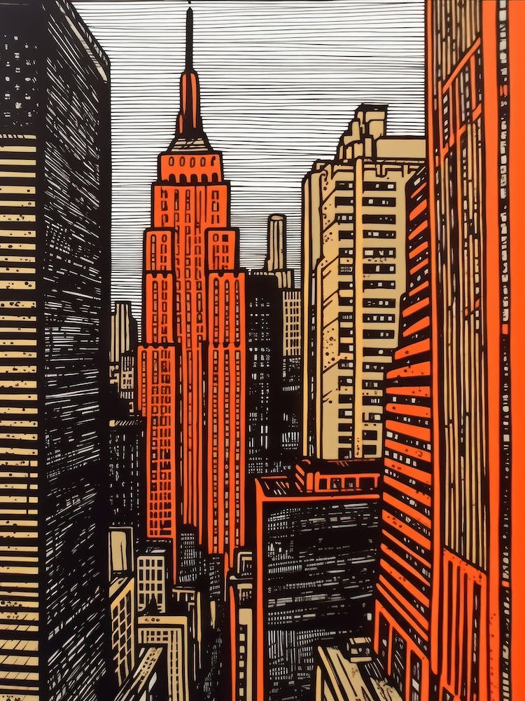 Empire State Building New York City, United States Linocut Illustration Style 4