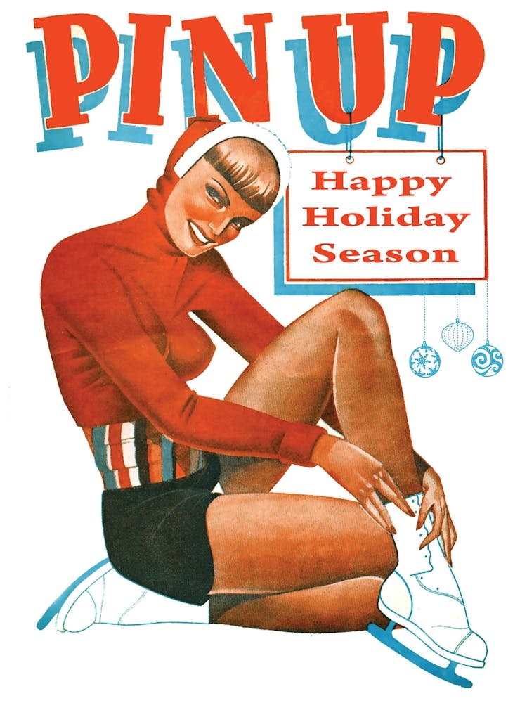 Happy Holiday Season With Pinup Ice Skating Girl with Beautiful Legs