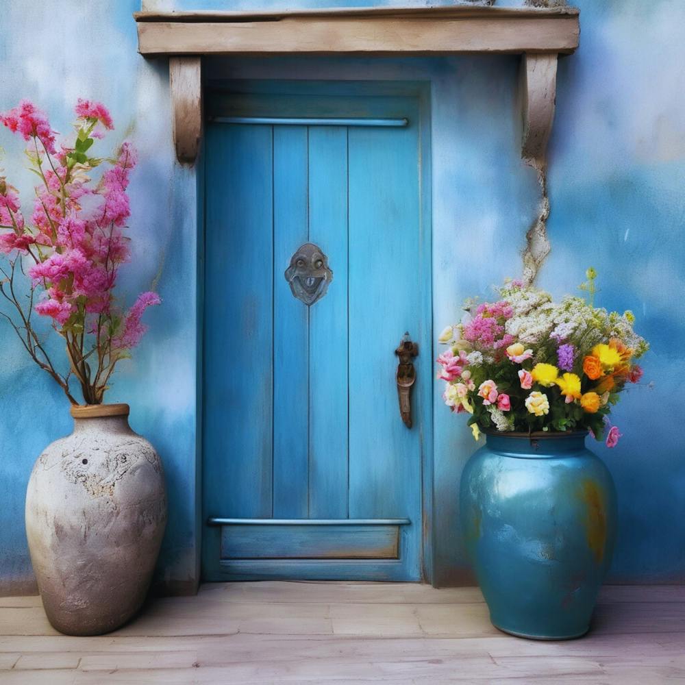 Blue wall. An old-style door in the middle, silver in color. There is a large pottery jar next to the door. There are flowers in the jar Spring oil colors. Wall painting.5