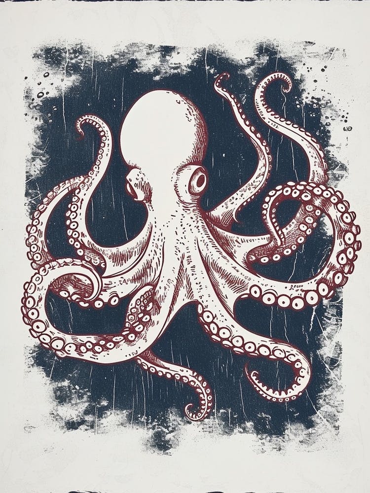 Red & Navy Octopus Linocut Inspired In The Ocean 6