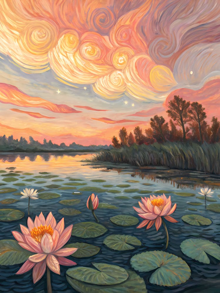 Van Gogh Lotus Pond Sunset Glow & Swirling Sky