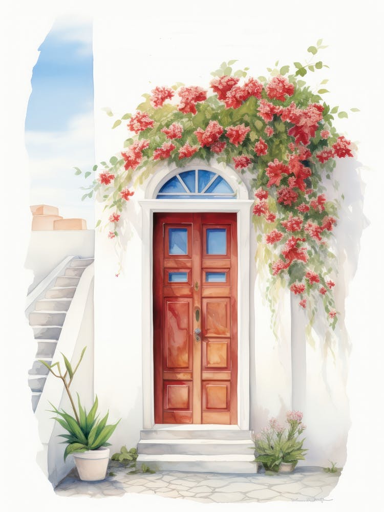Santorini, Greece   Mediterranean Doors Watercolour Painting 1