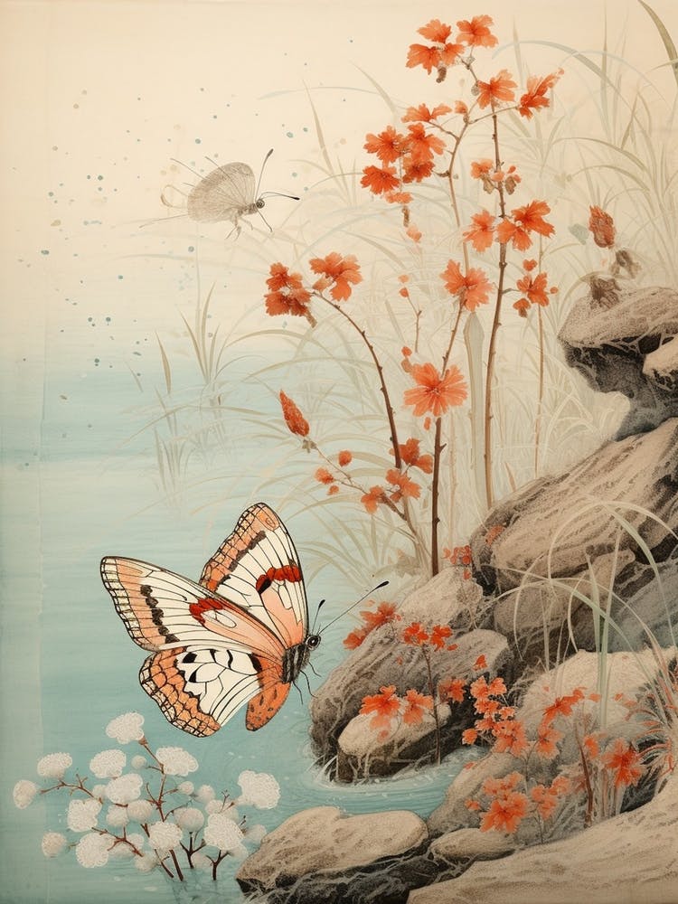 Butterflies By The River Japanese Style Painting 3