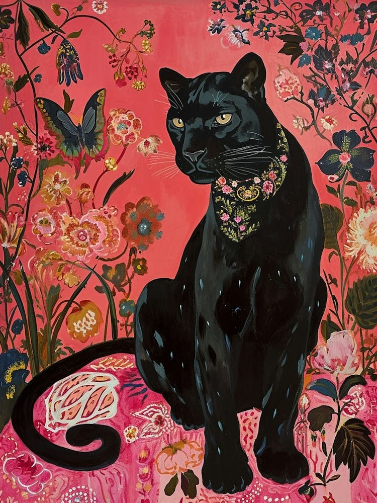 Floral Animal Painting Black Panther 1