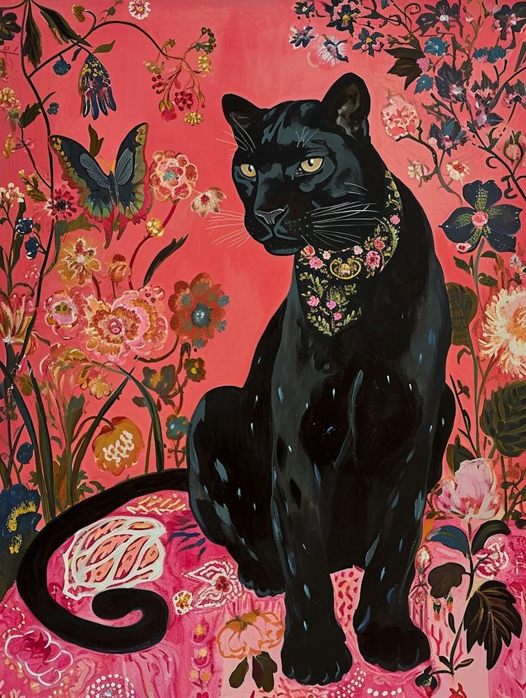 Floral Animal Painting Black Panther 1