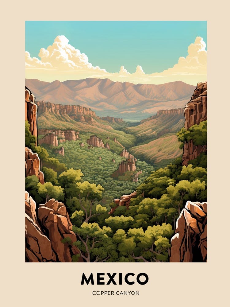 Copper Canyon Mexico Vintage Hiking Travel Poster