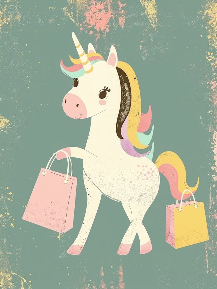 Pastel Storybook Style Unicorn With Shopping Bags 2