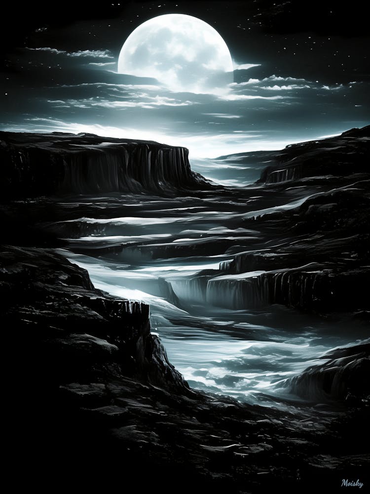 Silver Moon Canyon – Monochrome Nocturnal Poster