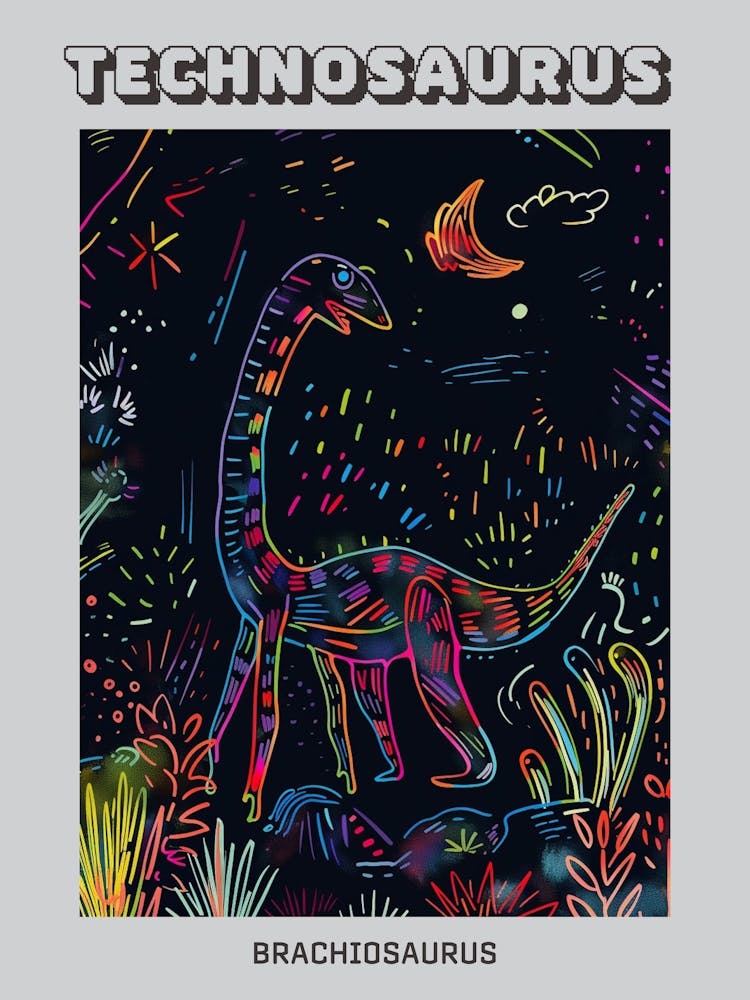 Abstract Neon Line Illustration Brachiosaurus 5 Poster