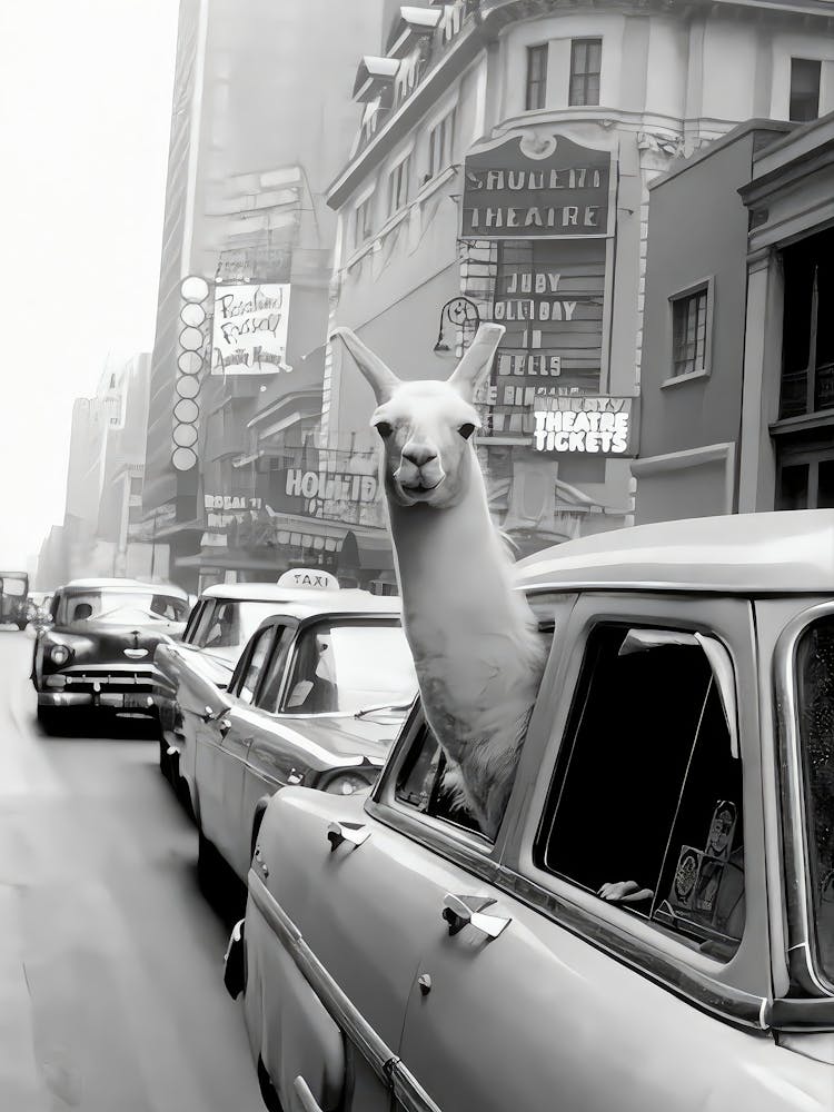 Llama In Times Square New York Wall Art, Vintage Alpaca Print, Black And White Print, Funny Animal Poster, Old Photography, Retro Wall Decor (1)