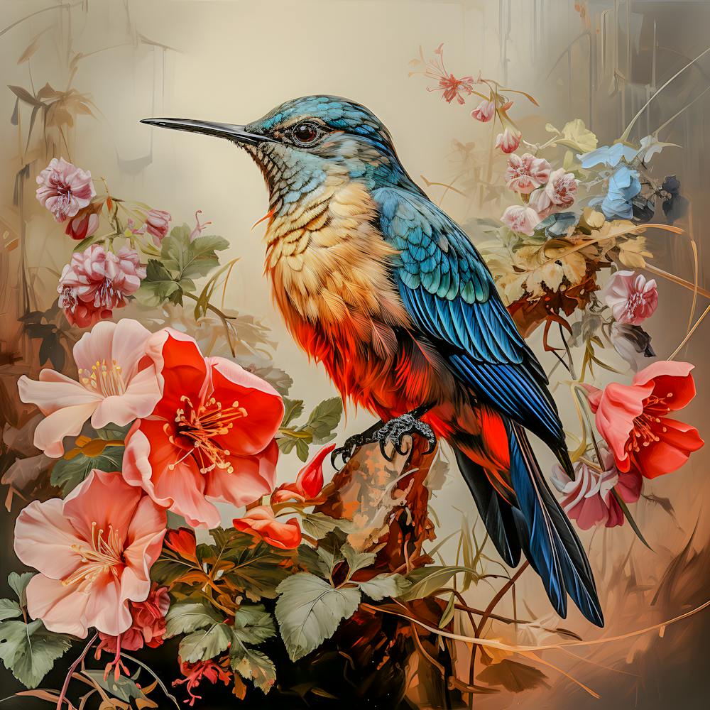 Tropical Majesty: Blue and Orange Bird with Vibrant Florals - Nature Art