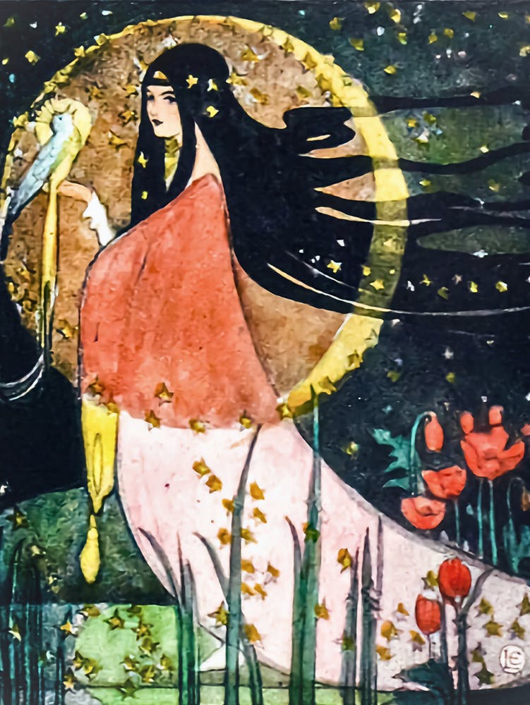 Moonlight Kuu, la Déesse Finlandaise - Avec Oiseau et Pleine Lune - Style Japonais Victorien Vintage Art Déco - Illustration Magnifique Remastérisée par Ethel Larcombe, The Golden Age - Païenne Féerique Sorcière Witchcore Cottagecore Éblouissante 1
